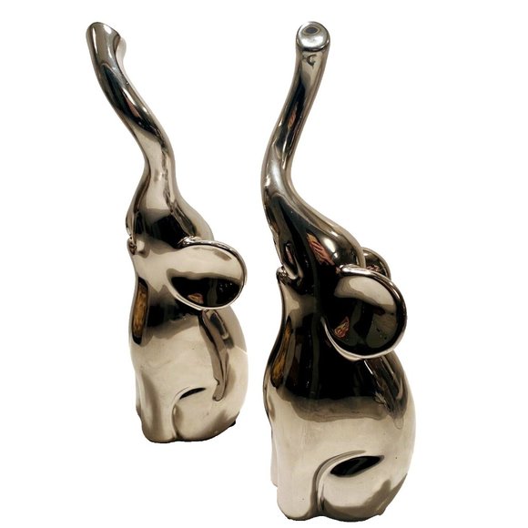 Silver Elephant Figures with Intertwined Trunks, Ceramic Set of 2, Chrome Decor - Picture 16 of 16